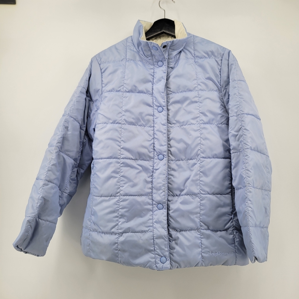 LL Bean Goose Down Reversible Puffer Jacket Women Small Blue White Snaps